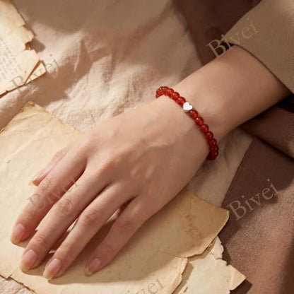 Bivei Crystal Stretch 6mm Bracelets for Women | Handmade Natural Stone Beaded Stretch Bracelet, Stainless Steel Heart Bead, Tranquility Yoga Gift Jewelry for Women - color: Carnelian - Energizing