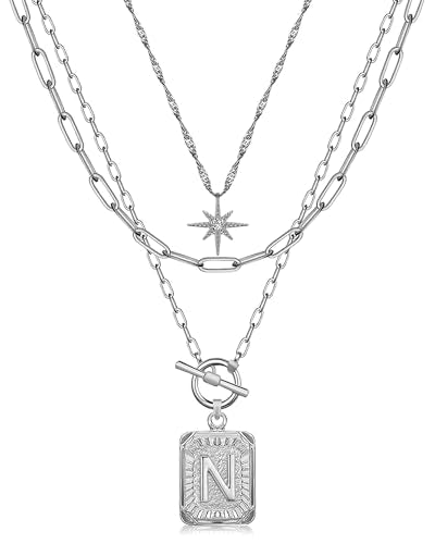 MJartoria Layered Initial Necklaces for Women | 14K Gold Plated Brass, Star Choker, Square Letter Pendant, Paperclip Chain - color: Silver, style: N