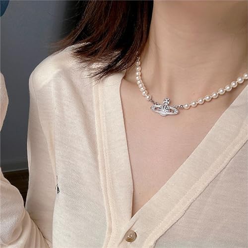 Dreuyet Saturn Pearl Necklace and Earrings Set Crystal Planet Earrings Dainty Artificial Pearl Choker Necklace Charm Gifts for Mum Wife Wedding Birthday Anniversary - color: Saturn Earrings Necklace Bracelet Silver