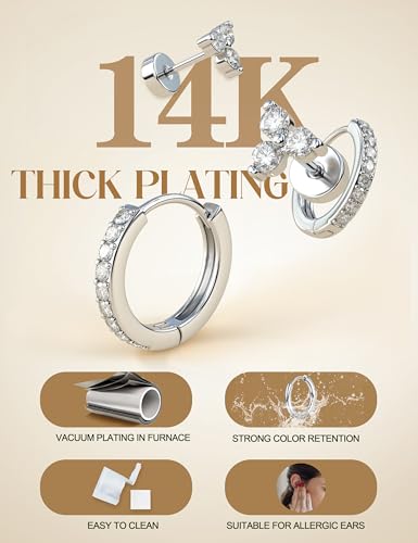 Flat Back Gold Earrings for Women Trendy Hypoallergenic Surgical Steel Earrings for Sensitive Ears-20G Cartilage Earring Stacks 14K Gold Plated Small Flatback Stud Hoops Cartilage Earring Set - color: Silver Plated