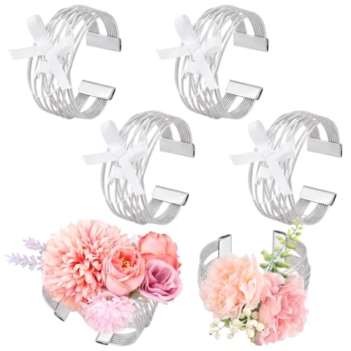 Hotop 4 Set Silver Corsage Wrist Bracelet Bands Multi-layer Line Web Bride Bracelet Adjustable Wrist Corsage DIY Wedding Wristband Wide Open Cuff Accessory for Bridal Party Prom - color: Silver, style: Line Web