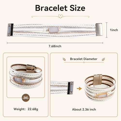 Vercret Leather Wrap Bracelet for Women, Multi-Layer Cuff Bangle | Boho Stacked Bracelets with Safe Clasp Western Bangle Jewelry Gift for Lady and Mom Sister Friend - style: Druzy White