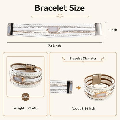 Vercret Leather Wrap Bracelet for Women, Multi-Layer Cuff Bangle | Boho Stacked Bracelets with Safe Clasp Western Bangle Jewelry Gift for Lady and Mom Sister Friend - style: Druzy White