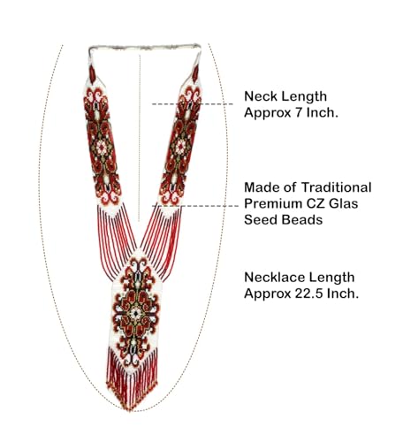 Long Beaded Necklace – Boho Native Handmade Seed Bead Tassel Necklace, Bohemian Large Statement Beaded Necklace for Women - color: Milan Red