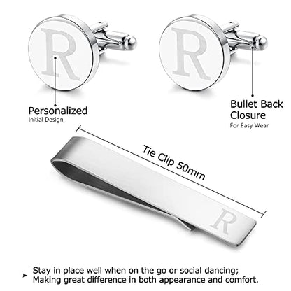 Initial Cuff Links Mens and Tie Clips for Men | Classic Silver Letter Alphabet A-Z Cufflinks and Tie Bar Set, Gifts for Men Father Husband for Formal Business Wedding - style: R