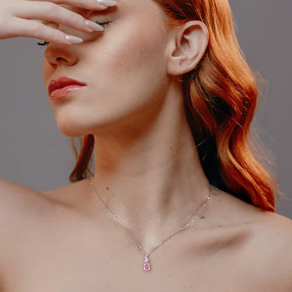 FANCIME 14K Solid White Gold Birthstone Pendant Necklace for Women with Diamond Pear Shaped Teardrop Necklace Birthday Gifts for Mom Women,Sterling Silver Chain 16" + 2" Extender - color: 10-Pink tourmaline