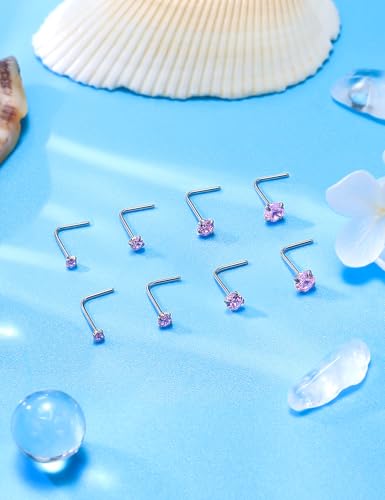 Hoeudjo Hypoallergenic Nose Rings Studs 24G Surgical Stainless Steel Cubic Zirconia Nose Studs for Women Men Screw & Bone & L Shaped Nostril Piercing Jewelry with 1.5mm 2mm 2.5mm 3mm CZ - color: silvertone(pink CZ),L-shaped nose studs
