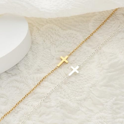 Ankle Bracelets for Women 14K Gold Sterling Silver Plated Anklets for Women Waterproof Dainty Anklets with Cubic Zirconia,Clover, Forever Love Knot, Chains Trendy Everyday Anklet Beach Summer Jewelry Gift - color: Cute Cross-Gold