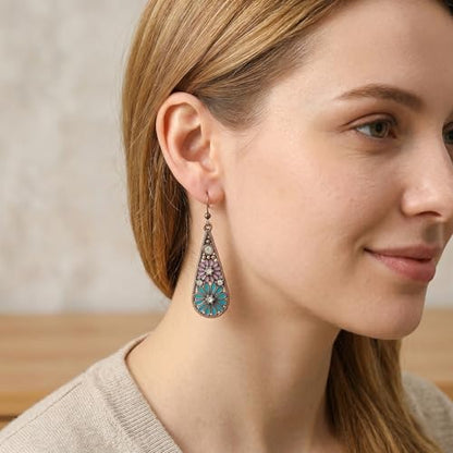 Bohemian Crystal Teardrop Dangle Earrings, Copper, Tribal Geometric Design, Handmade National Style for Women - color: Blue