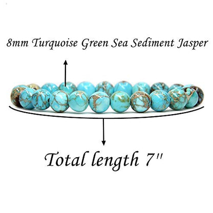 Angelstones Gemstones 8mm Round Beads Healing Crystal Bracelet for women | Natural Gemstone, Handmade Gifts for Women, Healing Crystal Round Beaded Stretch Bracelets, Unisex Jewelry for Women and Men - color: Turquoise Green Sea Sediment Jasper