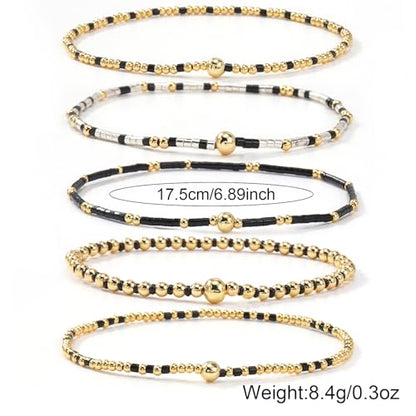14K Gold Plated Beaded Bracelets Stack Set for Women,Stretch Boho Ball Jewelry Friendship Trendy - color: Gold Black Beaded