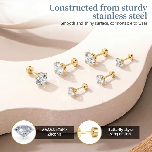 7 Pairs 20G Stainless Steel Stud Earrings Set Cubic Zirconia CZ Earrings Multi Size 2mm-8mm - color: golden, size: Elegant