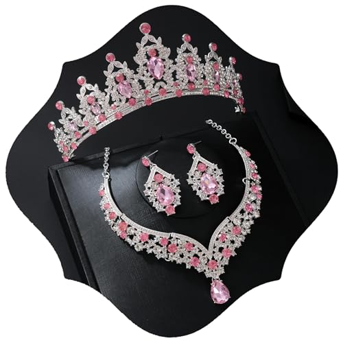 Tiaras and Crowns for Women,Tiaras Earrings Necklace, Crystal Bridal Jewelry Set - color: Pink