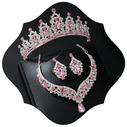 Tiaras and Crowns for Women,Tiaras Earrings Necklace, Crystal Bridal Jewelry Set - color: Pink