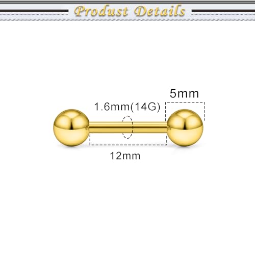16G 14G Surgical Steel Tongue Rings Nipple Rings Industrial Piercing Jewelry Set Multi Size Straight Barbells 12mm 14mm 16mm 19mm 22mm 28mm 32mm 35mm 38mm 40mm 45mm for Women Men - color: goldtone, size: 14g,bar length 12mm