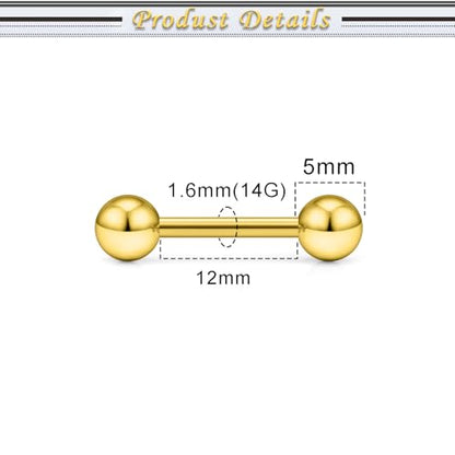16G 14G Surgical Steel Tongue Rings Nipple Rings Industrial Piercing Jewelry Set Multi Size Straight Barbells 12mm 14mm 16mm 19mm 22mm 28mm 32mm 35mm 38mm 40mm 45mm for Women Men - color: goldtone, size: 14g,bar length 12mm