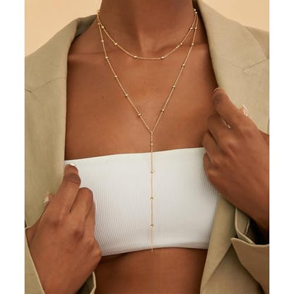 Lariat Necklaces for Women - Dainty Long Necklace Trendy 14K Gold Plated Hypoallergenic Layered Long Y-Shape Sunburst CZ T-Bar Pendant Drop Chain Necklace Set for Women Non Tarinsh Jewelry - style: layered bead chain-gd