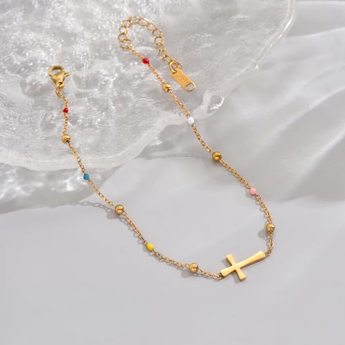 18K Gold Plated Boho Beaded Anklets for Women Dainty Gold Layered Round Ball Ankle Bracelet Pearl Cross Anklet Bracelet Waterproof Gold Jewelry - color: Colorful Beads Cross-Gold