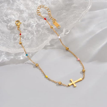 18K Gold Plated Boho Beaded Anklets for Women Dainty Gold Layered Round Ball Ankle Bracelet Pearl Cross Anklet Bracelet Waterproof Gold Jewelry - color: Colorful Beads Cross-Gold