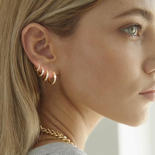 Small Gold Hoop Earrings Set for Women, 14K Gold Plated Tiny Lightweight Cubic Zirconia Huggie Earrings Trendy Dainty Cartilage Earring Jewelry for Women Gifts