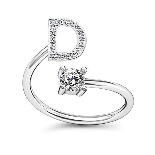 FUTIMELY Initial Letter Ring Alphabet Ring A-Z Silver Crystal Open Adjustable Personalized Initial Ring for Women - style: D