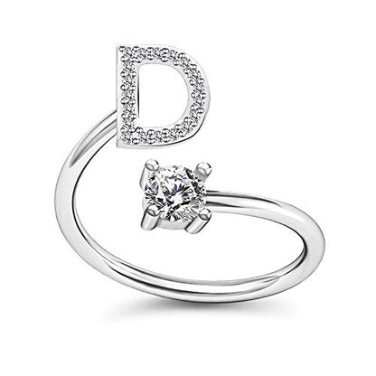 FUTIMELY Initial Letter Ring Alphabet Ring A-Z Silver Crystal Open Adjustable Personalized Initial Ring for Women - style: D