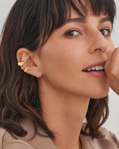 14K Gold/Silver Plated Ear Cuffs Non Piercing Set Clip On Dainty | Non Pierced Ear Cuff, Stackable Small Cartilage Hoop Huggie Set, Tarnish Resistant Hypoallergenic Trendy Jewelry Gift - style: gold style 2