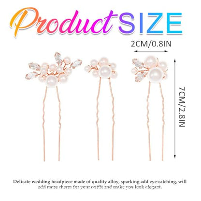 Heread Pearl Bride Wedding Hair Pins Crystal Bridal Headpiece Hair Accessories for Women and Girls (Pack of 3) - color: Rose Gold