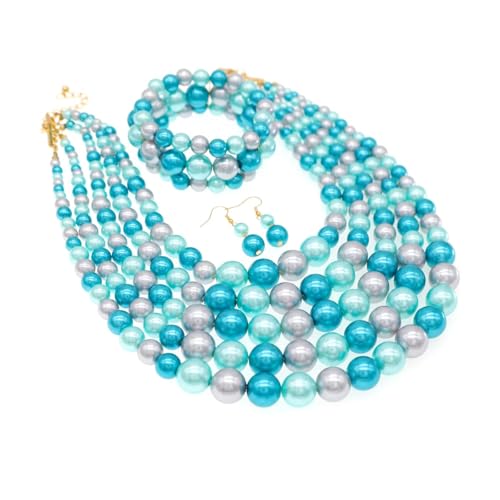 Faux Big Pearl Srand Necklaces for Women 5 Layers Pearls Choker Bib Collar Necklace Bracelet and Earrings set 1920s Costume Pearl Jewelry Bridal Wedding - color: colorful blue