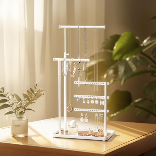 susswiff Jewelry Holder Organizer Stand - Adjustable Tall 17.5" (Max), Sturdy Jewelry Hanger for Necklaces, Earrings, Bracelets, Rings, Jewlery Display and Storage, White, Metal - color: White