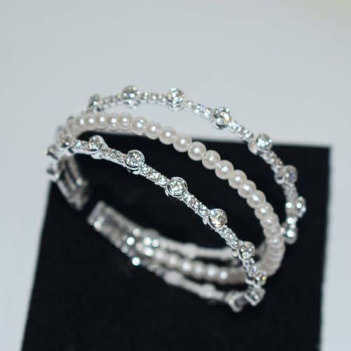 Triple-Row Open Cuff Bracelet for Women with Faux Pearl Center and Crystal-Set Metal Bands, Adjustable Bangle for Wedding and Daily Wear - color: SL-1325 Silver