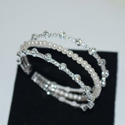 Triple-Row Open Cuff Bracelet for Women with Faux Pearl Center and Crystal-Set Metal Bands, Adjustable Bangle for Wedding and Daily Wear - color: SL-1325 Silver