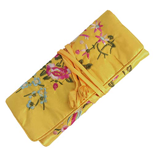 Travel Jewelry Roll Bag - Silk Embroidered Brocade Pouch for Rings, Necklaces, Earrings, Bracelets | Lightweight & Tie Closure (Gold Yellow) - color: Gold Yellow