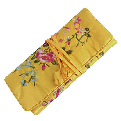Travel Jewelry Roll Bag - Silk Embroidered Brocade Pouch for Rings, Necklaces, Earrings, Bracelets | Lightweight & Tie Closure (Gold Yellow) - color: Gold Yellow