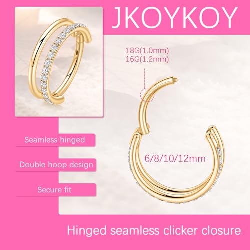 Cartilage Earring Hoop 316L Surgical Steel Conch Piercing Jewelry 16/18G Double Rows Nose Rings Hoops Hinged Segment Clicker Helix Rook Daith Piercing Jewelry 6/8/10/12mm - color: D2-Gold, size: 16G-8mm