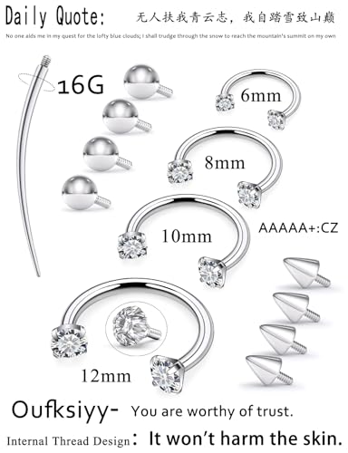 Oufksiyy Horseshoe Nose Ring Surgical Steel internal thread Double Gem Stud Nose Rings 16g Black Gold Lip Rings Cubic Zirconia Daith Septum Piercing Jewelry for Women Inner Diameter 6/8/10/12mm - color: Silver horseshoe rings 16G 6-12MM