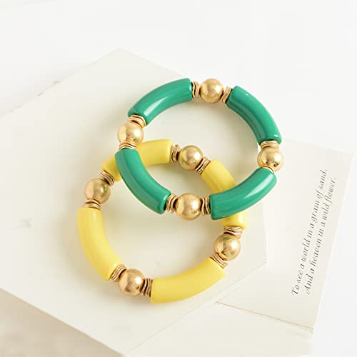 LALAPPLE Gold Plated Beaded Acrylic Bamboo Tube Bangle Bracelets for Women, Colorful Chunky Curved Tube With Gold Plated Pieces Beads Stretch Bracelet Friendship Summer Beach Jewelry - color: V-Grass green&Straw yellow 2pcs
