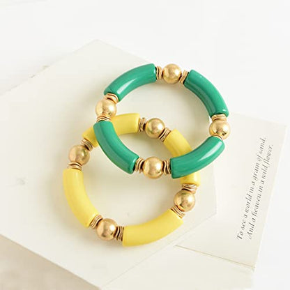 LALAPPLE Gold Plated Beaded Acrylic Bamboo Tube Bangle Bracelets for Women, Colorful Chunky Curved Tube With Gold Plated Pieces Beads Stretch Bracelet Friendship Summer Beach Jewelry - color: V-Grass green&Straw yellow 2pcs