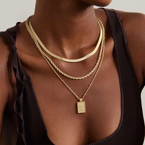 M MOOHAM Layered Gold Necklaces Stack for Women No Tarnish | 14K Gold Plated, Stackable Pendant Necklace Set, Snake Rope Cuban Paperclip Chain, CZ Coin Pendant, Dainty Jewelry Gifts - color: 3 Layered Snake Rope Square Pandent-Gold