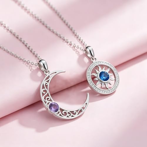 Couples Necklace for 2 Sun and Moon Pendant Matching Jewelry Anniversary Birthday Gifts for Couples BFF - color: April&January