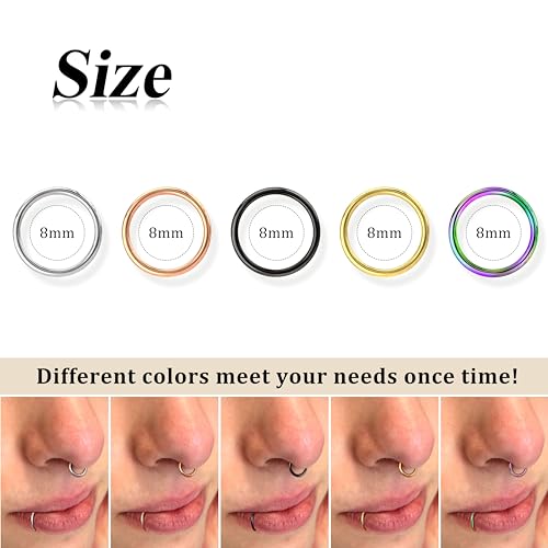 4/5/8 pcs 16G/18G/20G 316L Surgical Steel Hinged Nose Rings Hoops Lip Septum Rings Helix Conch Rook Cartilage Tragus Earrings Piercing Jewelry Black Silver Gold Plated Nose Rings Women Men - color: Mixed - 16G 8mm- 5PCs