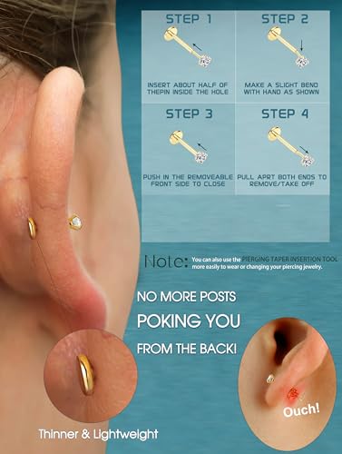 CASSIECA 14K Gold Filled Flat Back Nose Studs For Women Men Hypoallergenic Surgical Steel Nose Rings Hoops- Threadless Flat Back Earrings Helix Cartilage Tragus Conch CZ Stud Labret Lip Nostril Septum Ring Body Piercing Jewelry 20G 18G 16G