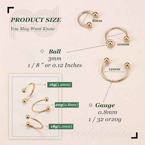 G23 Titanium 14/16/18/20G Septum Rings Horseshoe Nose Ring Jewelry | 2/3Pcs Circular Barbell Spike Lip Body Piercing Jewelry Conch Helix Tragus Earring Silver/Black 8/10/12mm 14K Gold Plated - color: Gold-3pcs, size: Balls-3pcs-20g-8/10/12mm