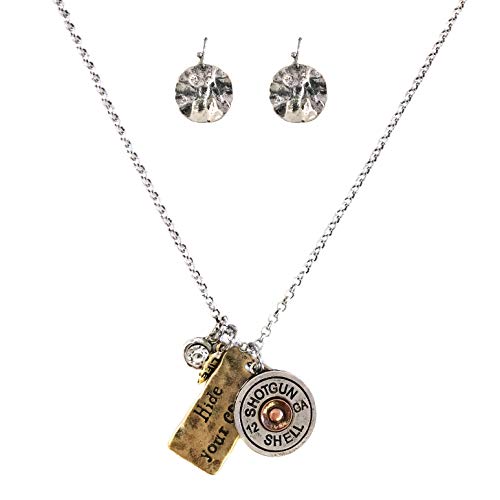 Western Peak Hammered Plate Hide Your Crazy Act Like a Lady 12 Gauge Shotgun Shell Leather Cuff Bracelet Necklace - color: Charms Necklace