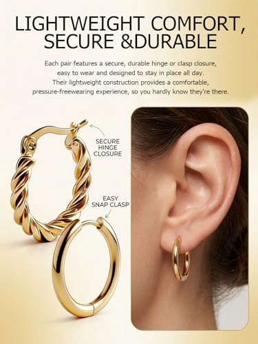 4 Pairs Gold Hoop Earrings for Women - 14K Gold Plated 316 Stainless Steel, Hypoallergenic Lightweight Huggie & Twisted Hoop Earring Set 20/22/24/25 mm