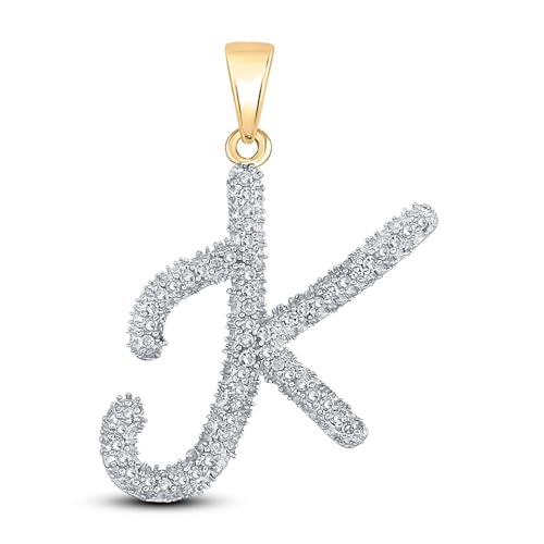 Solid 10K White Gold Real Natural Diamond Womens Cursive A-Z Initial Letter Pendant Charm for Necklaces 1/6 Carat (.15 Cttw) - style: K - 10K Yellow Gold