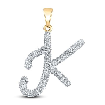 Solid 10K White Gold Real Natural Diamond Womens Cursive A-Z Initial Letter Pendant Charm for Necklaces 1/6 Carat (.15 Cttw) - style: K - 10K Yellow Gold