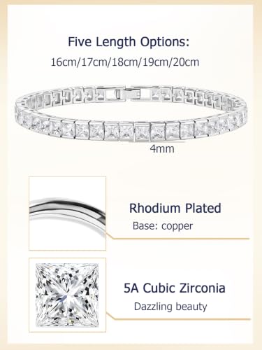 5A Cubic Zirconia Tennis Bracelet for Women, Rhodium/Yellow Gold Plated Hypoallergenic, Birthday Wedding Anniversary Jewelry - color: Princess Cut - White Gold