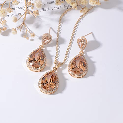 Bridal Jewelry Set for Wedding - 18k Plated Teardrop CZ Crystal Cubic Zirconia Rhinestone Necklace Earrings Set for Bride Bridesmaids Mother of Bride Party Prom Birthstone Costume Jewelry - color: Nov-Citrine