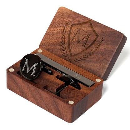 Mens Initial Cufflinks and Tie Clip A-Z Alphabet Letter Black Stainless Cuff Links Tie Bar with Engraved Walnut Wood Box Groom Groomsman Wedding Set - style: Classic-M
